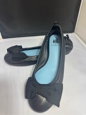 Lanvin Black Leather Bow Ballet Flats with Sky Blue Insole
